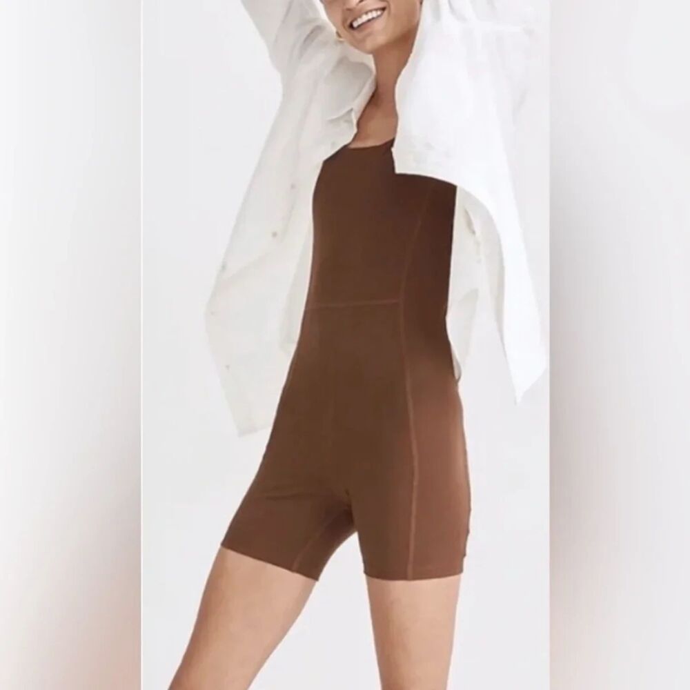 Madewell Women's Jersey Sleeveless Biker Unitard Romper Shorts Size Large Brown